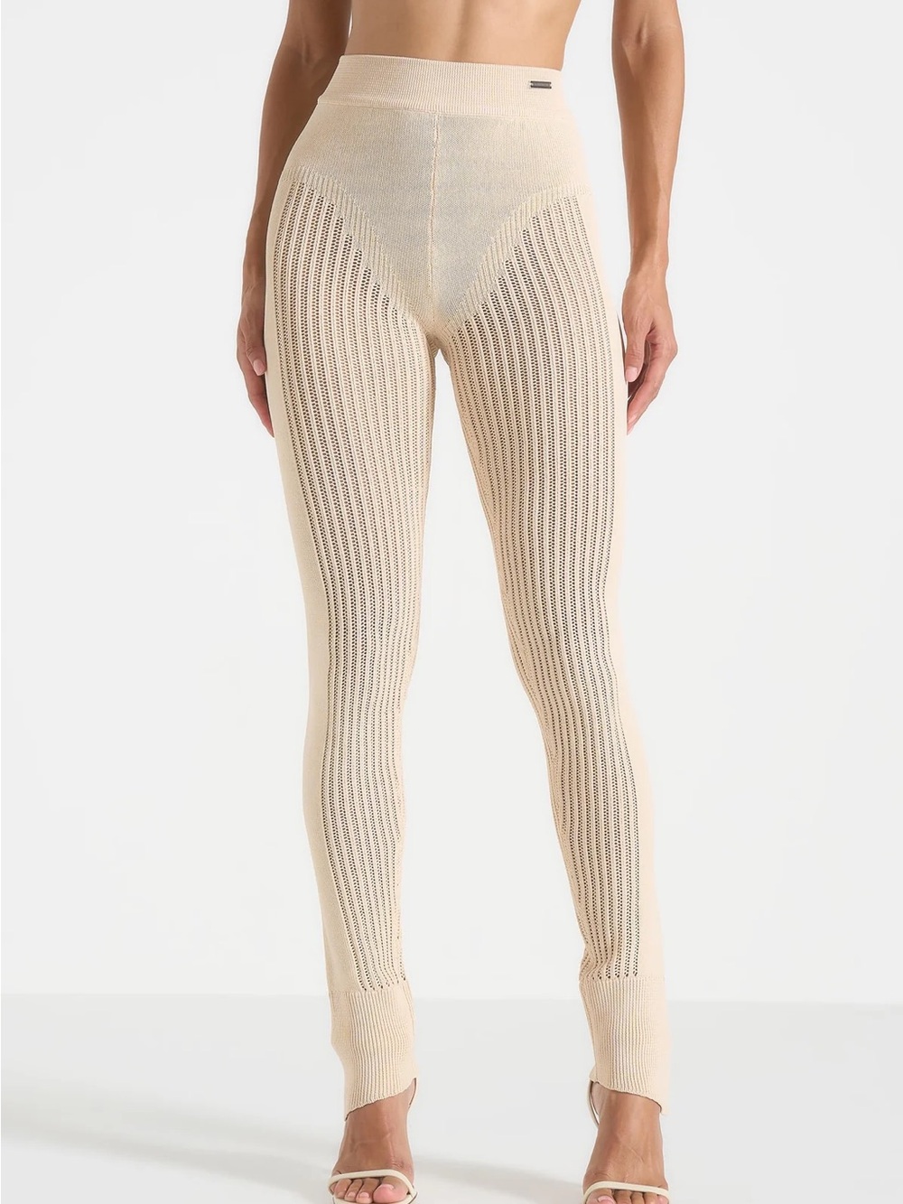 Maniere De Voir Knitted High Waisted Leggings in Beige Elastic Waist Baby Flare